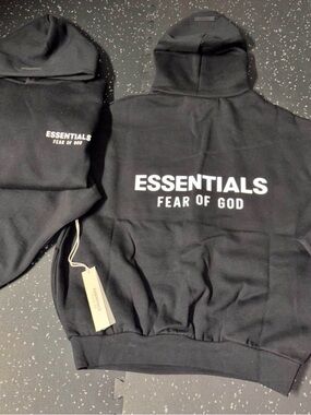 Essentials Fear of God Black Hoodie with White Back Logo